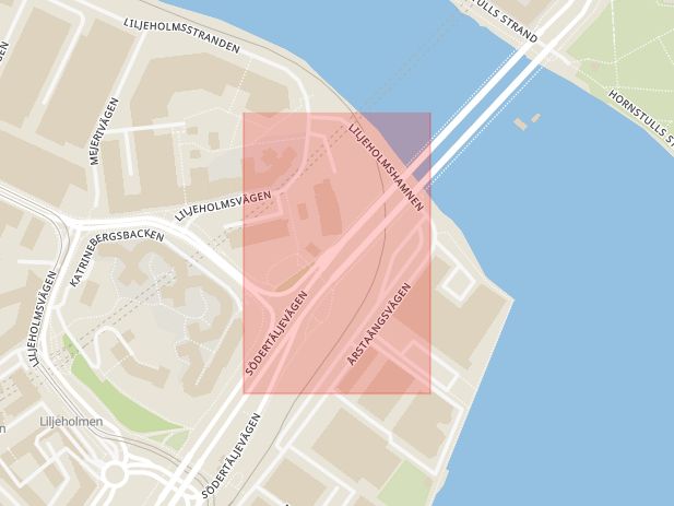 Karta som med röd fyrkant ramar in Liljeholmen, Liljeholmsbron, Stockholm, Stockholms län