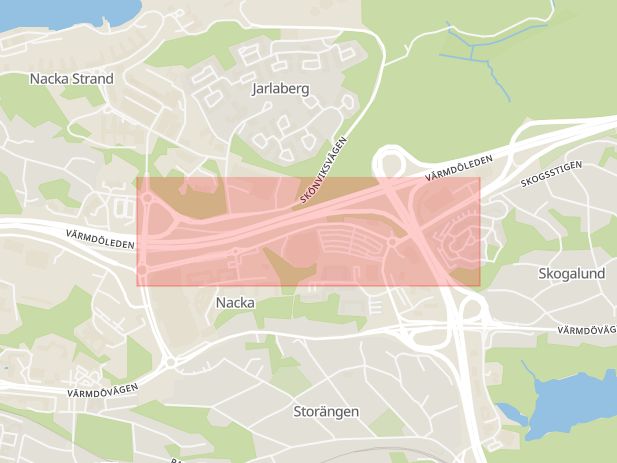 Karta som med röd fyrkant ramar in Skvaltans Väg, Nacka, Stockholms län