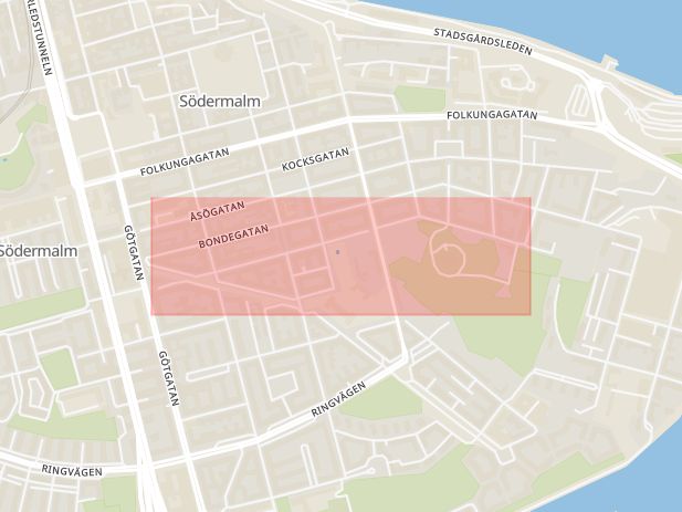 Karta som med röd fyrkant ramar in Skånegatan, Skarpnäck, Stockholm, Stockholms län