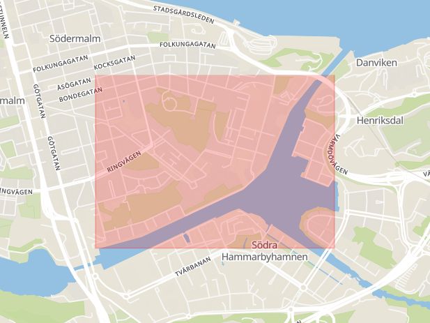 Karta som med röd fyrkant ramar in Norra Hammarbyhamnen, Stockholm, Stockholms län