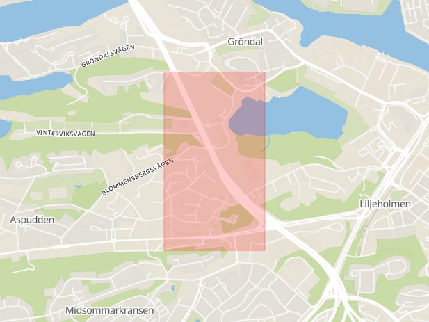 Karta som med röd fyrkant ramar in Essingeleden, Aspudden, Stockholm, Stockholms län