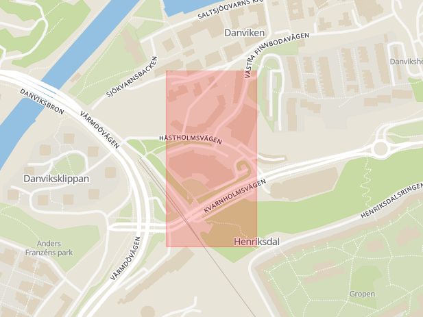 Karta som med röd fyrkant ramar in Danviken, Stockholm, Stockholms län