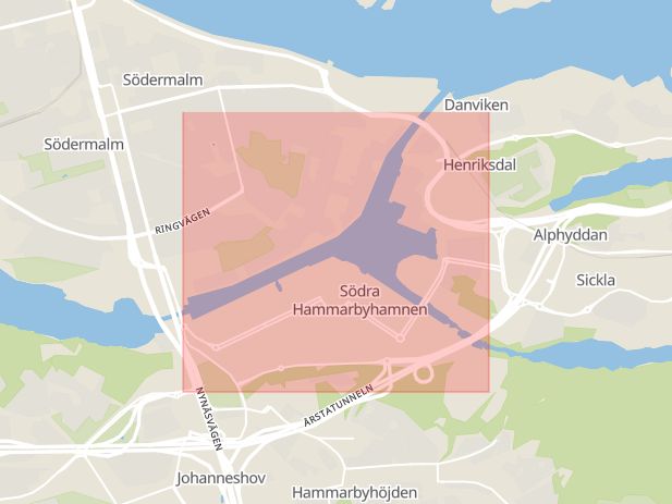 Karta som med röd fyrkant ramar in Södra Hammarbyhamnen, Bilvägen, Stockholm, Stockholms län