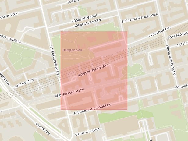 Karta som med röd fyrkant ramar in Fatburs Kvarngata, Stockholm, Stockholms län