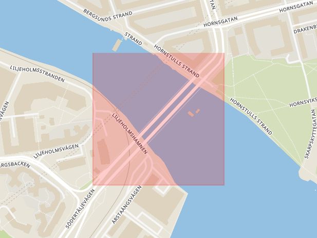 Karta som med röd fyrkant ramar in Liljeholmsbron, Stockholm, Stockholms län