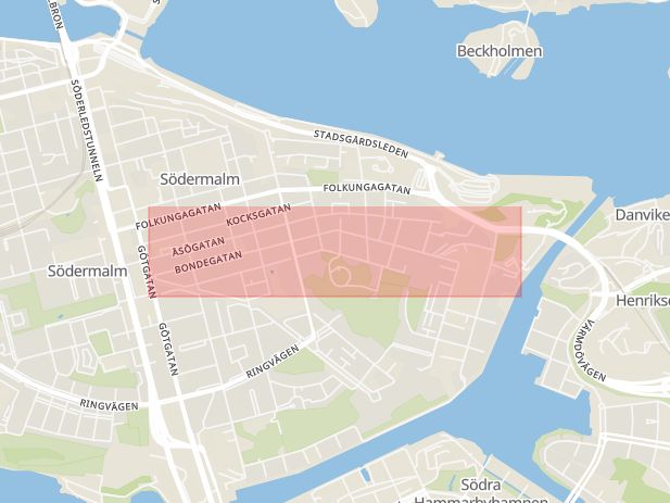 Karta som visar ungefär var händelsen Brand: Polisen misstänker att branden som har varit på Södermalm är anlagd. inträffat