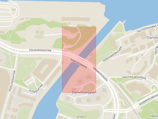 Karta som med röd fyrkant ramar in Skurubron, Hammarbyhamnen, Nacka, Stockholms län