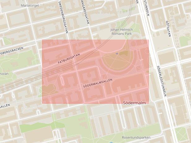 Karta som med röd fyrkant ramar in Södermalm, Fatburs Brunnsgata, Stockholm, Stockholms län