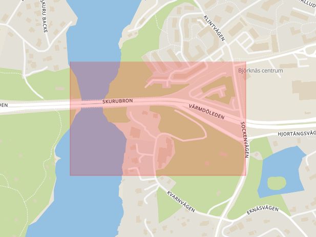 Karta som med röd fyrkant ramar in Stockholm, Skurubron, Nacka, Stockholms län