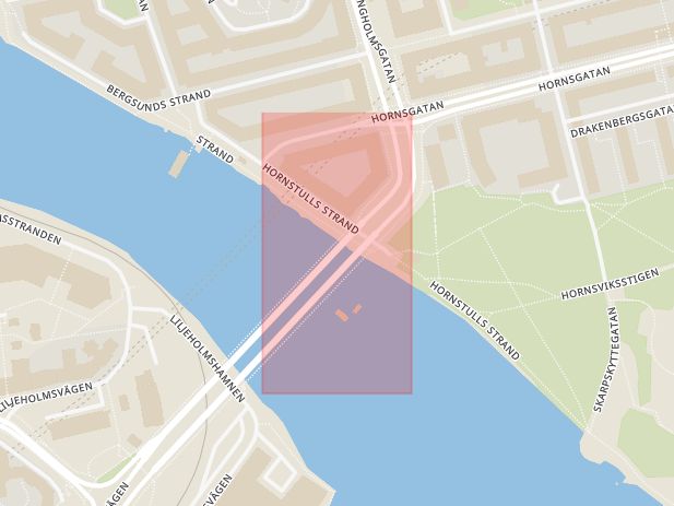 Karta som med röd fyrkant ramar in Hornstulls Strand, Liljeholmsbron, Stockholm, Stockholms län