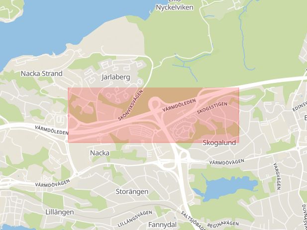 Karta som med röd fyrkant ramar in Skvaltan, Nacka, Stockholms län
