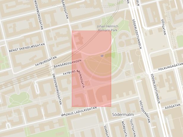 Karta som visar ungefär var händelsen Häleri: I Fatbursparken tog polisen fyra köksknivar i beslag. inträffat