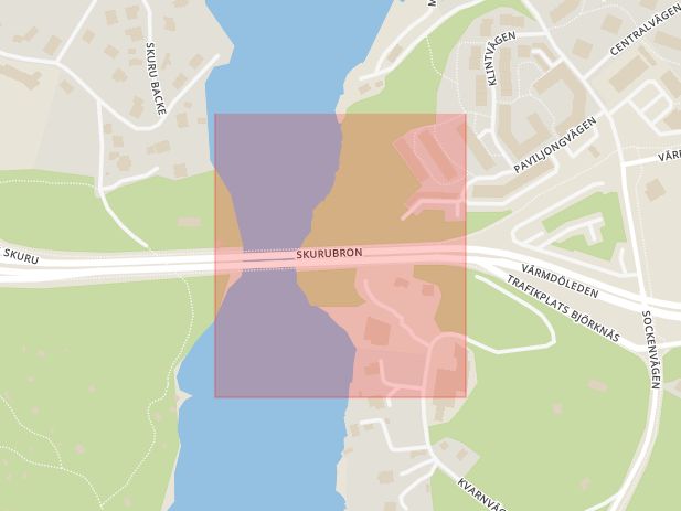 Karta som med röd fyrkant ramar in Skurubron, Nacka, Stockholms län