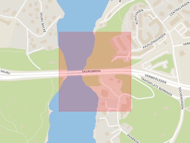 Karta som med röd fyrkant ramar in Skurubron, Nacka, Stockholms län