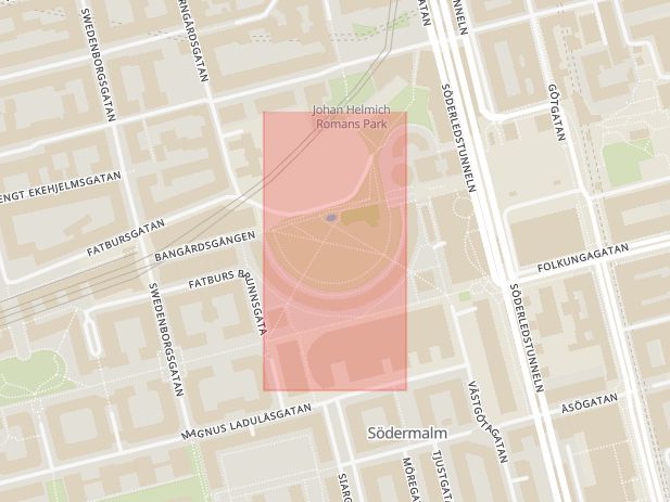 Karta som med röd fyrkant ramar in Östermalm, Södermalm, Fatbursparken, Stockholm, Stockholms län
