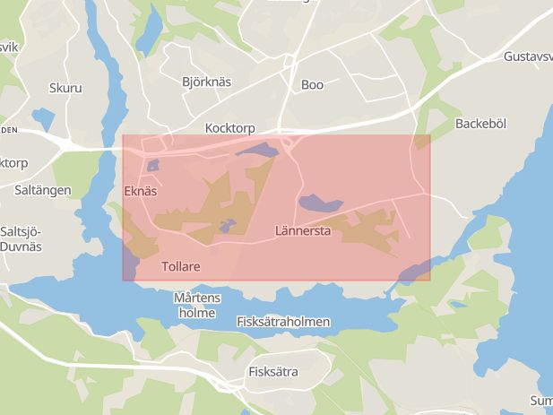 Karta som med röd fyrkant ramar in Björknäs, Värmdö, Sockenvägen, Nacka, Stockholms län