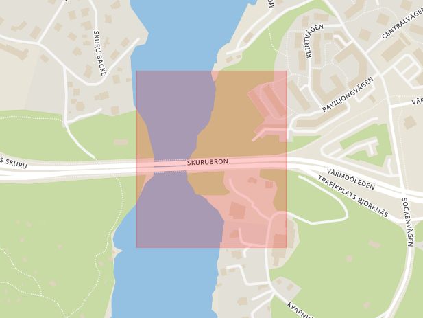 Karta som med röd fyrkant ramar in Skurubron, Stockholm, Nacka, Stockholms län