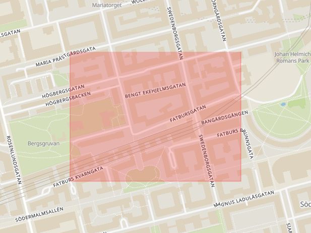 Karta som med röd fyrkant ramar in Södermalm, Fatbursgatan, Stockholm, Stockholms län