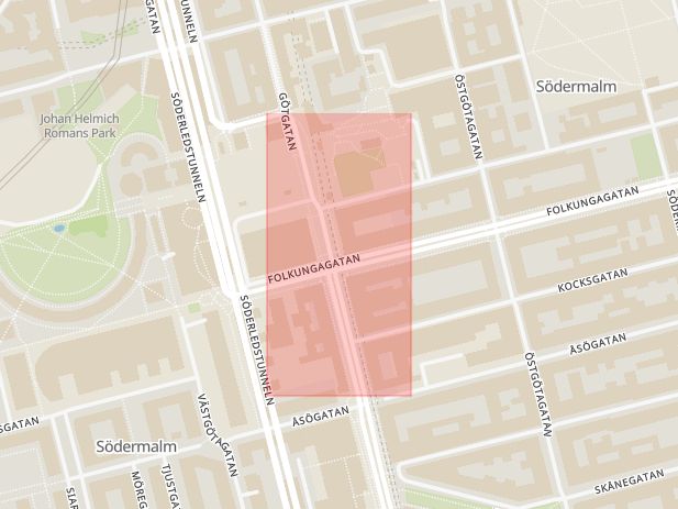 Karta som med röd fyrkant ramar in Medborgarplatsen, Folkungagatan, Götgatan, Stockholm, Stockholms län