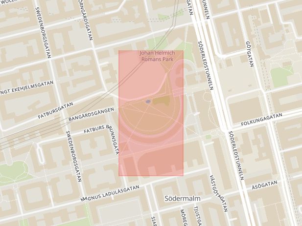 Karta som med röd fyrkant ramar in Fatbursparken, Södra Station, Stockholm, Stockholms län