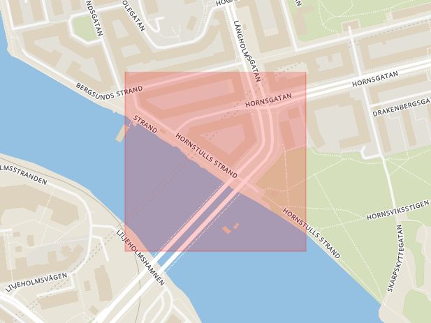 Karta som med röd fyrkant ramar in Hornstull, Hornstulls Strand, Stockholm, Stockholms län