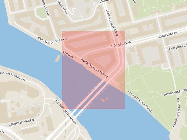 Karta som med röd fyrkant ramar in Södermalm, Hornstulls Strand, Stockholm, Stockholms län