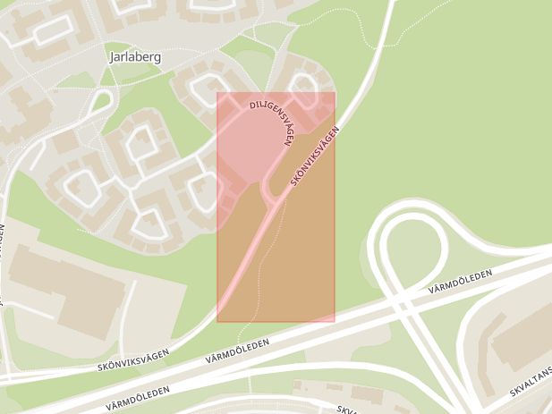 Karta som med röd fyrkant ramar in Jarlaberg, Diligensvägen, Skönviksvägen, Nacka, Stockholms län