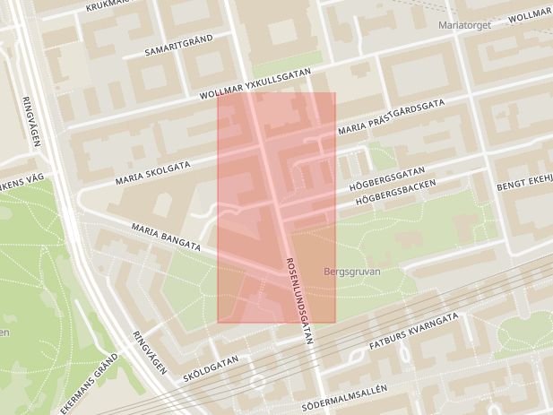 Karta som med röd fyrkant ramar in Södermalm, Högbergsgatan, Rosenlundsgatan, Stockholm, Stockholms län