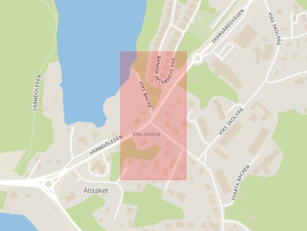 Karta som med röd fyrkant ramar in Fruvik, Skärgårdsvägen, Viks Backe, Värmdö, Stockholms län