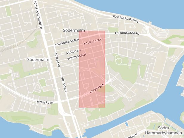 Karta som med röd fyrkant ramar in Södermalm, Södermannagatan, Stockholm, Stockholms län