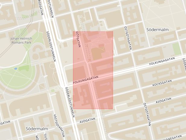 Karta som med röd fyrkant ramar in Drottninggatan, Götgatan, Medborgarplatsen, Stockholm, Stockholms län