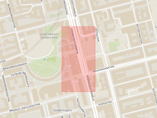 Karta som med röd fyrkant ramar in Medborgarplatsen, Rålambshovsparken, Stockholm, Stockholms län