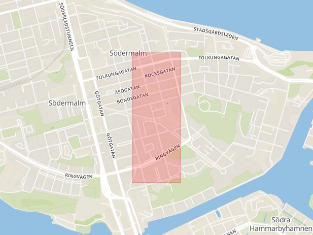 Karta som med röd fyrkant ramar in Södermalm, Södermannagatan, Stockholm, Stockholms län