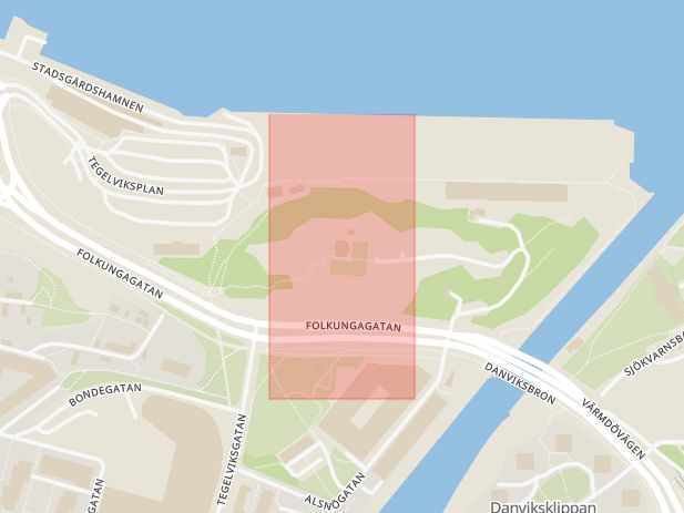 Karta som med röd fyrkant ramar in Fåfängan, Södermalm, Alsnögatan, Stockholm, Stockholms län