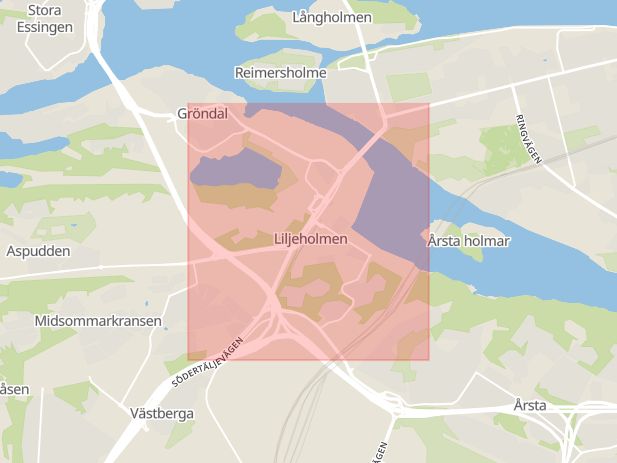 Karta som visar ungefär var händelsen Kontroll person/fordon: Flera patruller söker i Liljeholmen efter man som misstänks för ett grovt brott. inträffat