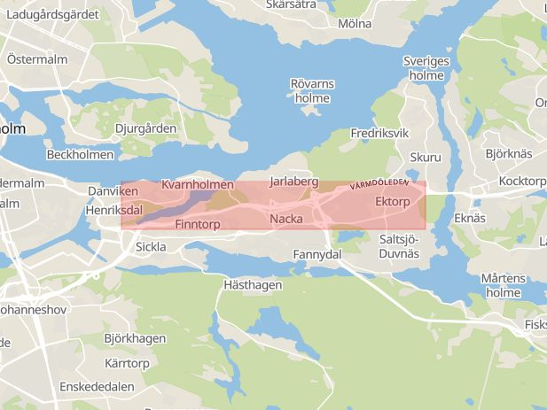 Karta som med röd fyrkant ramar in Värmdöleden, Jarlaberg, Nacka, Stockholms län