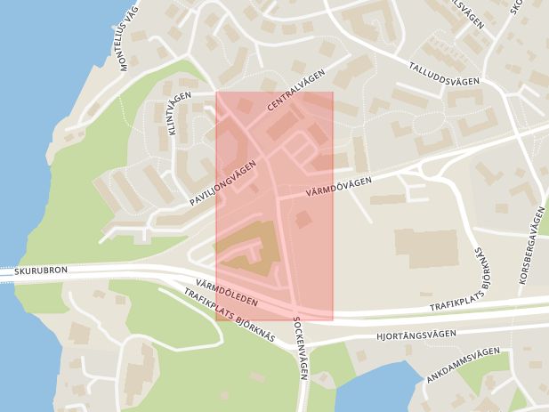 Karta som med röd fyrkant ramar in Björknäs, Sockenvägen, Värmdövägen, Nacka, Stockholms län