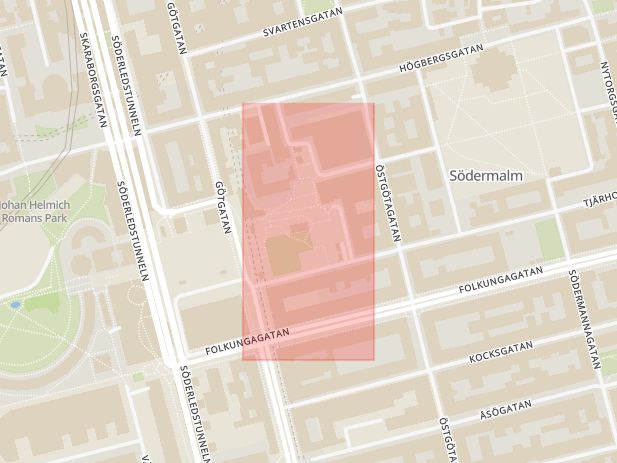 Karta som med röd fyrkant ramar in Folkungagatan, Björns Trädgård, Stockholm, Stockholms län