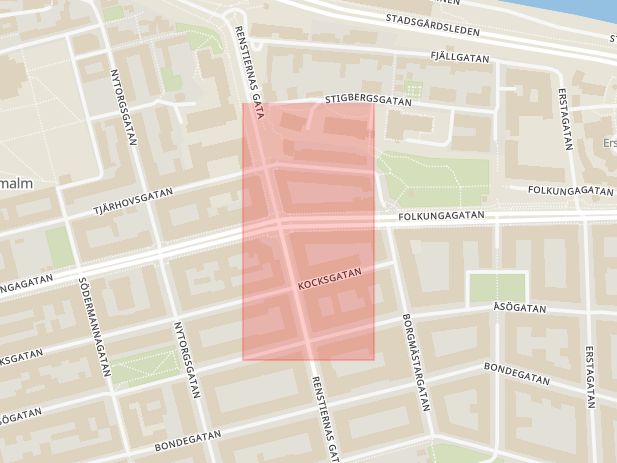 Karta som med röd fyrkant ramar in Folkungagatan, Tjärhovsgatan, Stockholm, Stockholms län