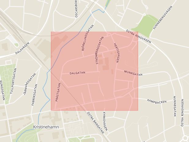 Karta som med röd fyrkant ramar in Prästgatan, Bygget, Kristinehamn, Värmlands län