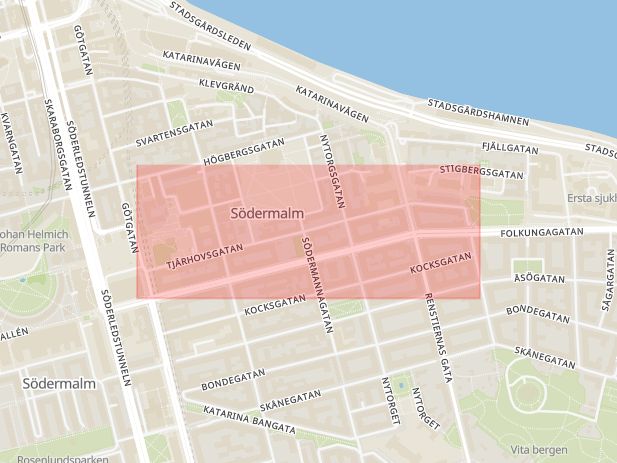 Karta som med röd fyrkant ramar in Tjärhovsgatan, Stockholm, Stockholms län