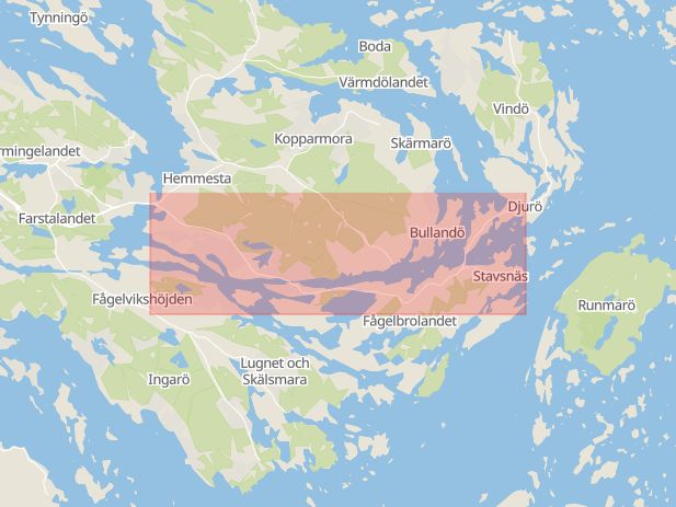 Karta som med röd fyrkant ramar in Stavsnäsvägen, Fågelbrolandet, Värmdö, Stockholms län