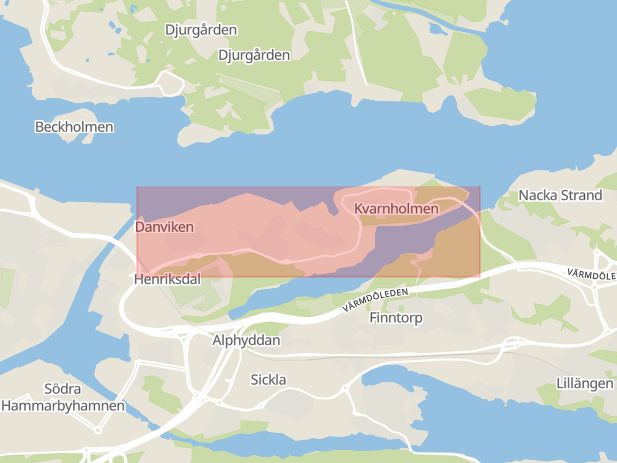 Karta som med röd fyrkant ramar in Kvarnholmsvägen, Henriksdal, Nacka, Stockholms län