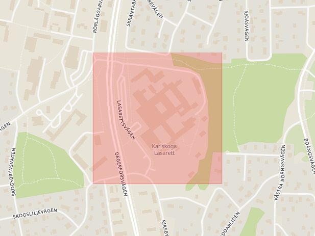 Karta som med röd fyrkant ramar in Aggerud, Lasarettsvägen, Karlskoga, Örebro län