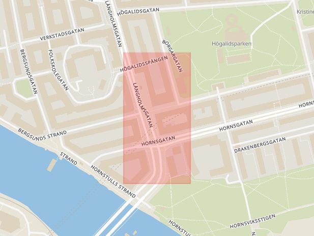 Karta som med röd fyrkant ramar in Hornstull, Hornsgatan, Långholmsgatan, Stockholm, Stockholms län