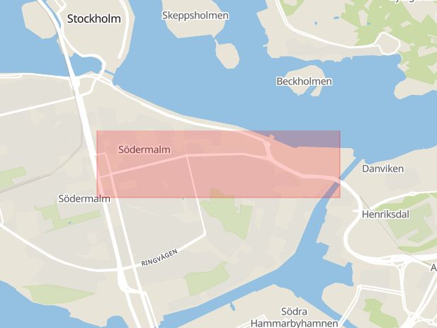 Karta som med röd fyrkant ramar in Södermalm, Folkungagatan, Stockholm, Stockholms län