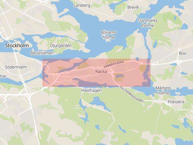 Karta som med röd fyrkant ramar in Storängen, Värmdövägen, Nacka, Stockholms län