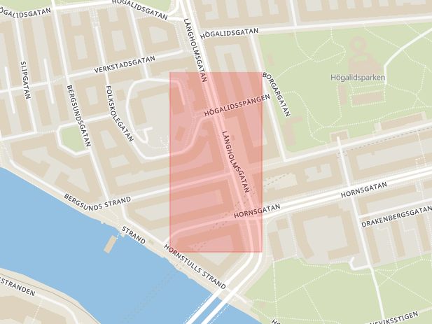 Karta som med röd fyrkant ramar in Bergsunds Strand, Långholmsgatan, Stockholm, Stockholms län
