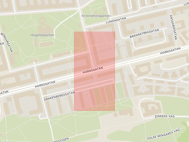 Karta som med röd fyrkant ramar in Hornsgatan, Varvsgatan, Södermalm, Stockholm, Stockholms län