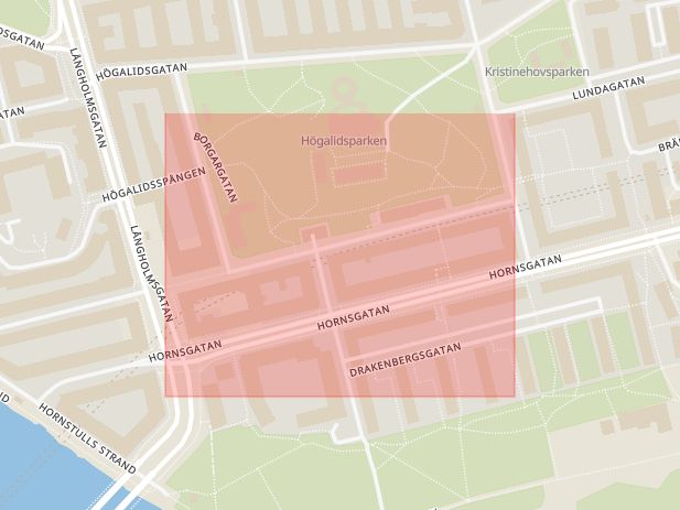 Karta som med röd fyrkant ramar in Södermalm, Hornsbruksgatan, Stockholm, Stockholms län